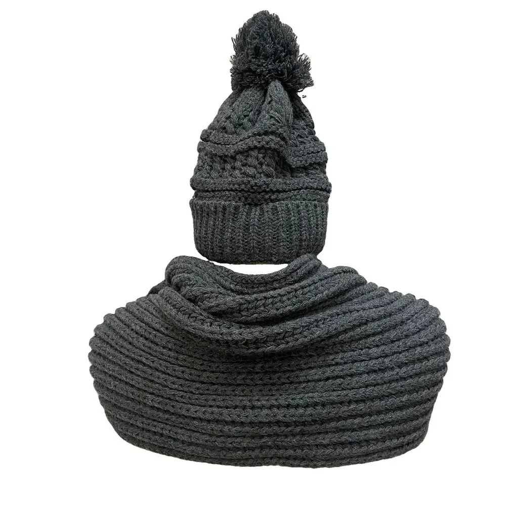 Chunky Knit Charcoal Grey Beanie & Scarf Set Fringe Cozycore Gorpcore Boho Snow